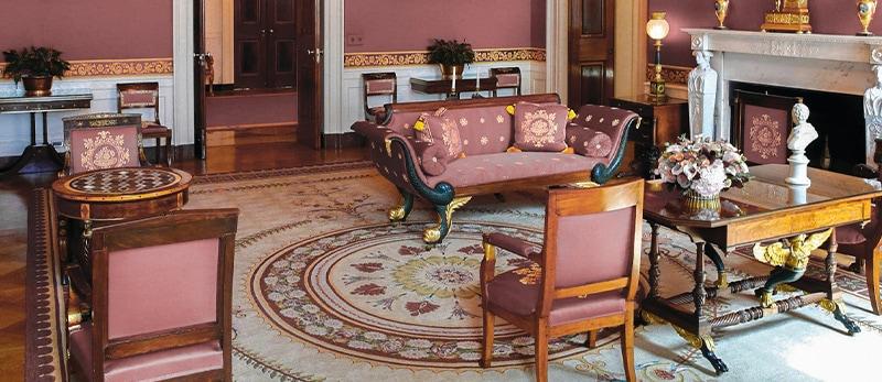 Federal era drawing room with tables and sofa on casters for ease of movement