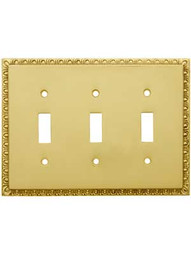 Egg & Dart Design Triple Toggle Switch Plate in Polished Brass