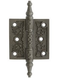 2 1/2" Cast Iron Steeple Tip Hinge With Decorative Vine Pattern In Antique Iron