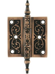 2 1/2" Solid Brass Steeple Tip Hinge With Decorative Vine Pattern in Antique Copper Finish