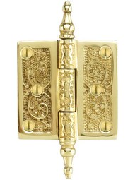 2 1/2" Solid Brass Steeple Tip Hinge With Decorative Vine Pattern in Polished Brass Finish
