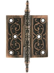 3" Solid Brass Steeple Tip Hinge With Decorative Vine Pattern in Antique Copper