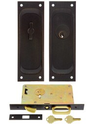 Bronze Keyed Pocket Door Mortise Lock Set With Rectangular Pulls In Medium Bronze - 1 3/8" Door