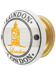 White Porcelain London Souvenir Cabinet Knob with Brass Base in Un-Lacquered Brass