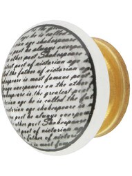 White Porcelain Vintage Text Cabinet Knob with Brass Base in Un-Lacquered Brass