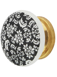 White Porcelain Floral Cabinet Knob with Brass Base in Un-Lacquered Brass