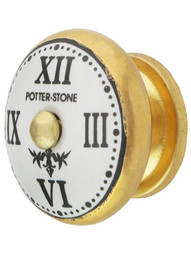 White Porcelain Clock-Face Cabinet Knob with Brass Base in Gold Plated