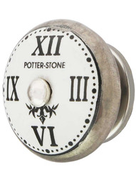 White Porcelain Clock-Face Cabinet Knob with Brass Base in Platinum Plated