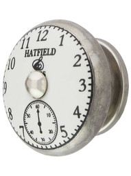 White Porcelain Pocket-Watch Face Cabinet Knob with Brass Base in Platinum Plated