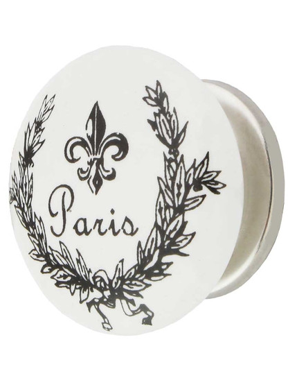 White Porcelain Paris Fleur-De-Lis Cabinet Knob with Brass Base in Polished Nickel
