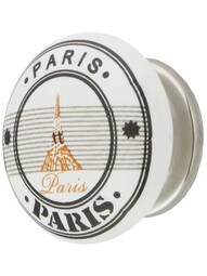 White Porcelain Paris Eiffel Tower Cabinet Knob with Brass Base in Polished Nickel