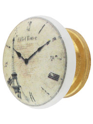 White Porcelain Eiffel Tower Clock-Face Cabinet Knob with Brass Base in Un-Lacquered Brass