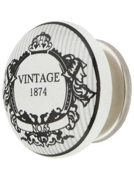 White Porcelain 1874 Vintage Label Cabinet Knob with Brass Base in Polished Nickel