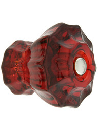 Large Fluted Ruby Red Glass Cabinet Knob With Nickel Bolt