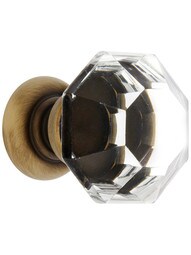 Large Octagonal Cut Crystal Knob With Solid Brass Base in Antique Brass
