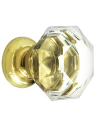 Large Octagonal Cut Crystal Knob With Solid Brass Base in Polished Brass