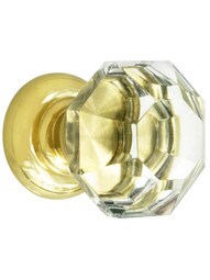 Medium Octagonal Cut Crystal Knob With Solid Brass Base in Polished Brass