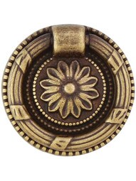 Ribbon and Reed Single-Post Pull with Flower Motif - 1 1/2" Diameter in Antique Brass Dark