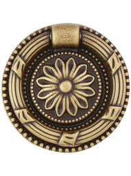 Ribbon and Reed Single Post Pull With Flower Motif in Antique Brass Dark