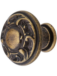 Scroll Design Cabinet Knob - 1" Diameter In Antique Brass Dark