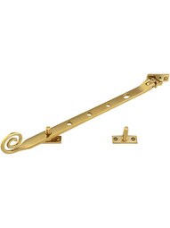 Solid-Brass Casement Stay with Curly Handle - 11 1/2" in Un-Lacquered Brass