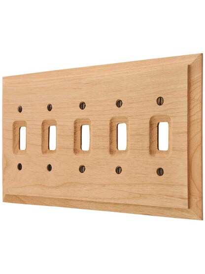 Alder Wood Unfinished 5-Gang Toggle Switch Plate.