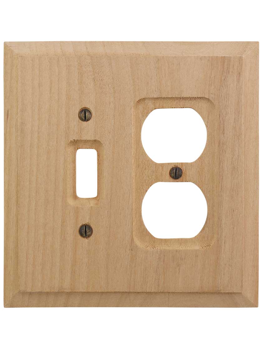 Alternate View of Alder Wood Unfinished Toggle/Duplex Combination Switch Plate.