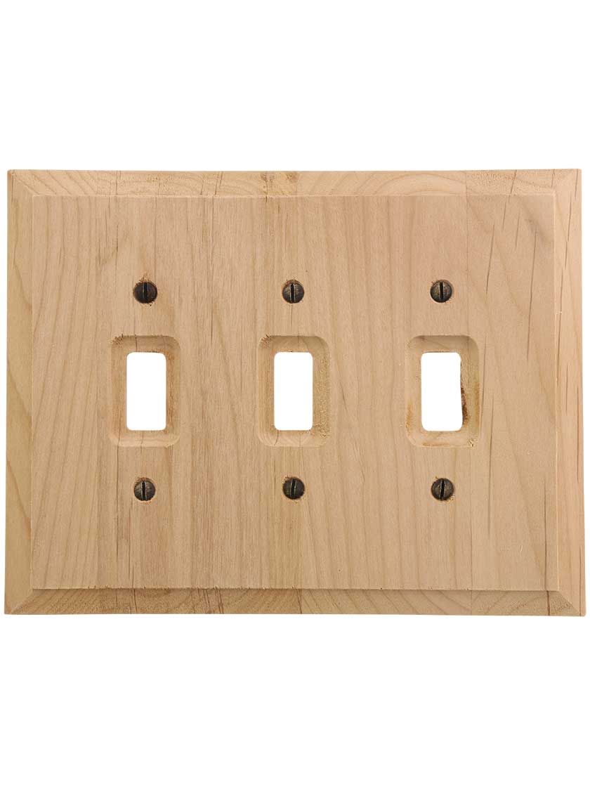 Alternate View of Alder Wood Unfinished Triple-Toggle Switch Plate.