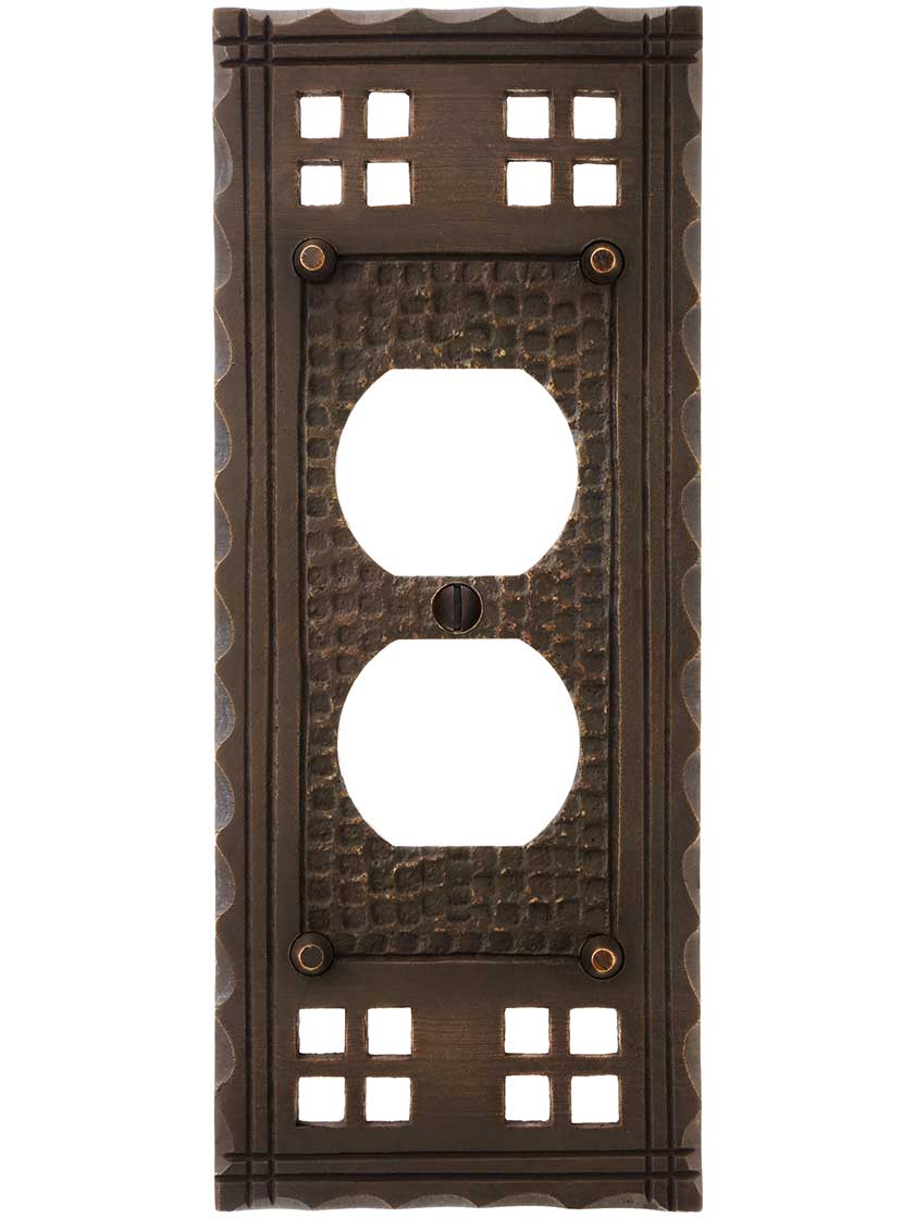 Arts and Crafts Duplex Outlet Cover Plate In Oil-Rubbed Bronze