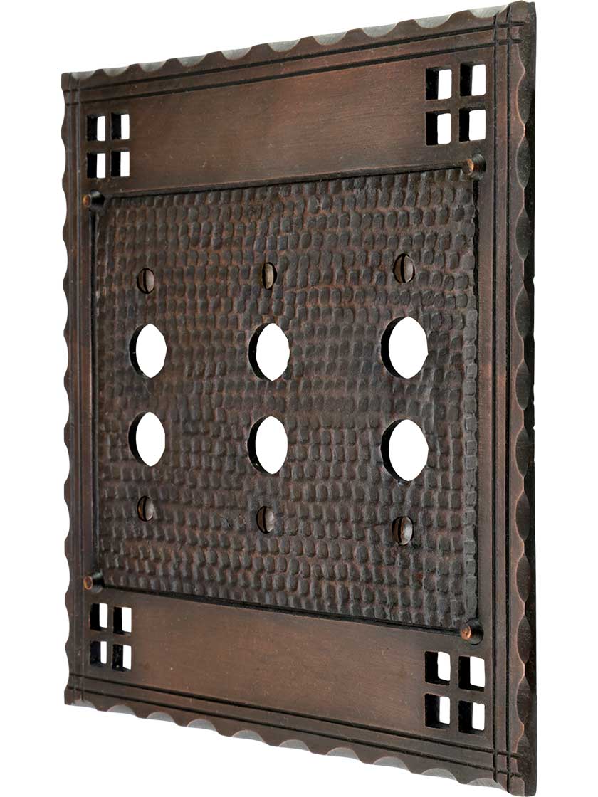 Arts and Crafts Triple Push Button Switch Plate In Oil-Rubbed Bronze.