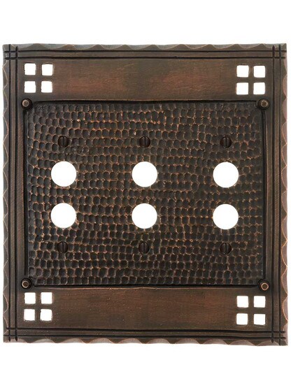 Alternate View of Arts and Crafts Triple Push Button Switch Plate In Oil-Rubbed Bronze.