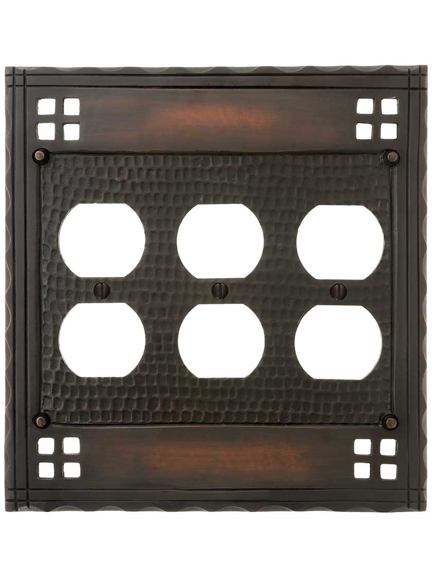 Arts and Crafts Triple Duplex Outlet Cover Plate In Oil-Rubbed Bronze
