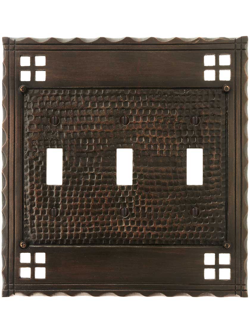 Alternate View of Arts and Crafts Triple Toggle Switch Plate In Oil-Rubbed Bronze.