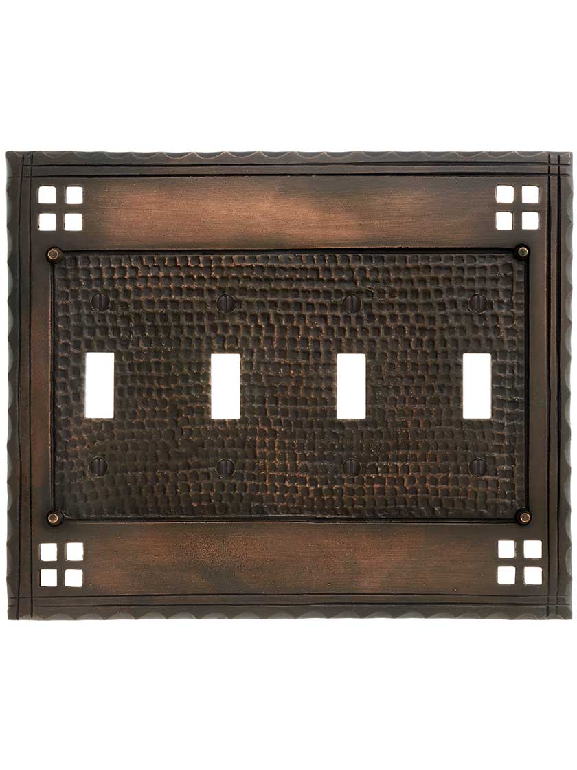 Alternate View of Arts and Crafts Quad Toggle Switch Plate In Oil-Rubbed Bronze.