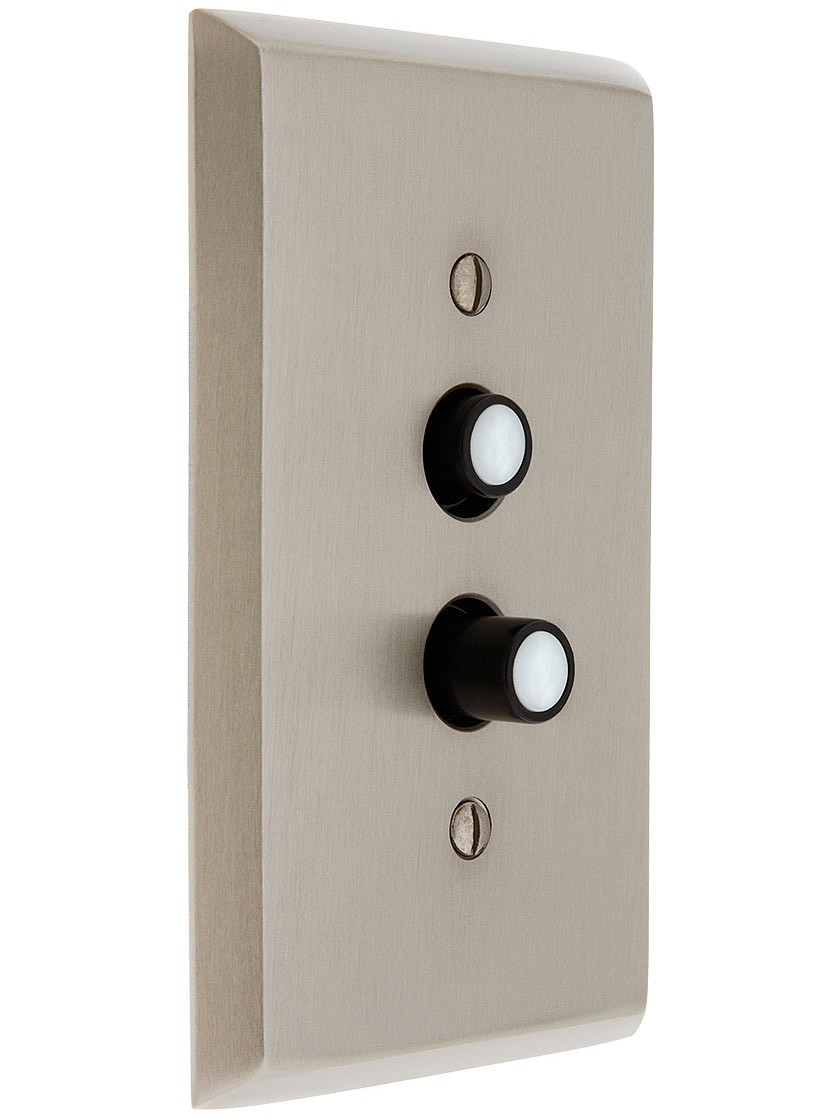 Alternate View of Standard Push Button Light Switch With Two Pearl Buttons.