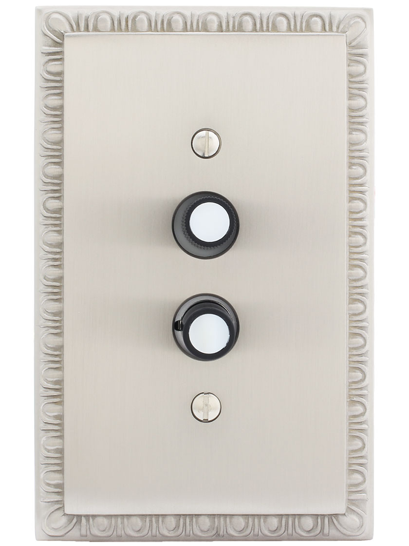 Alternate View of Standard Single-Pole Push Button Universal Dimmer Switch with Pearl Buttons.