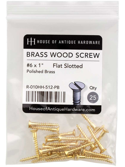 #6 x 1 Inch Brass Flat Head Slotted Wood Screws - 25 Pack