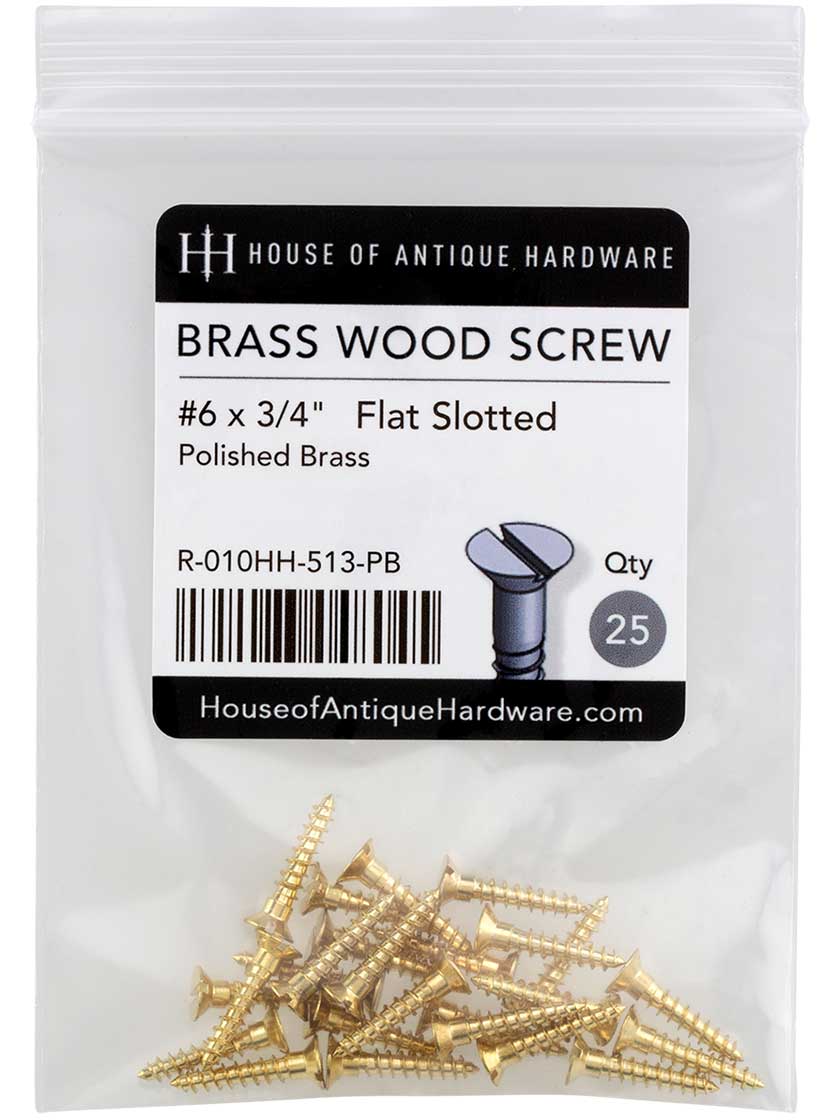 #6 x 3/4 Inch Brass Flat Head Slotted Wood Screws - 25 Pack