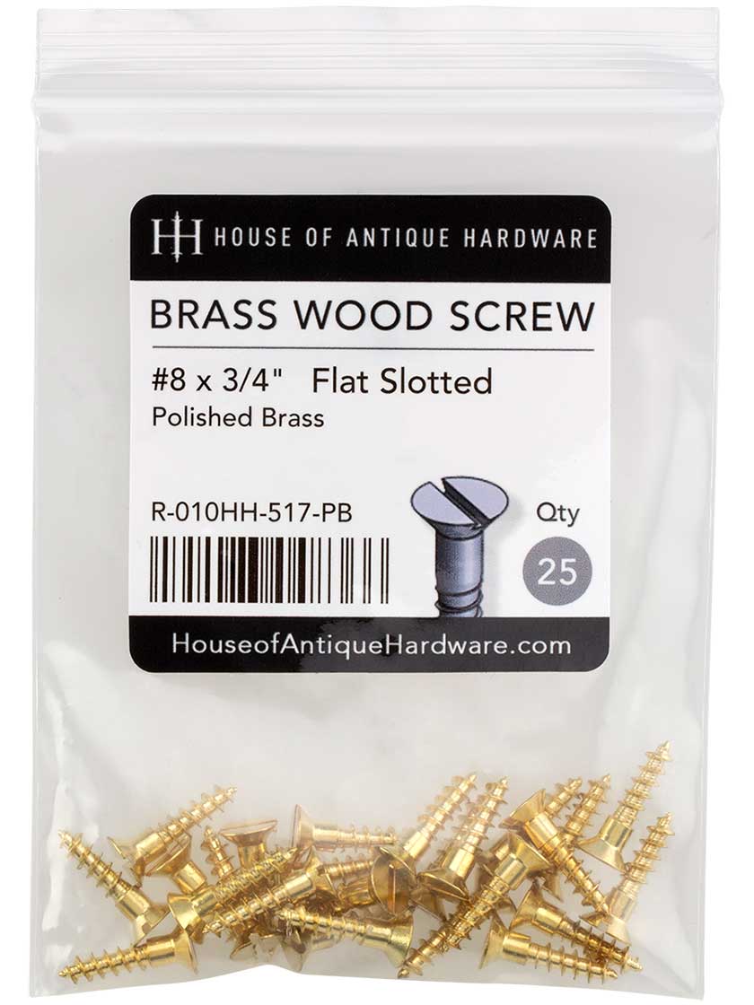 #8 x 3/4 Inch Brass Flat Head Slotted Wood Screws - 25 Pack