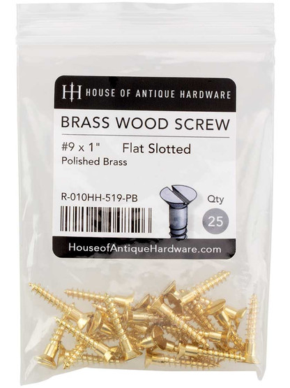 #9 x 1 Inch Brass Flat Head Slotted Wood Screws - 25 Pack