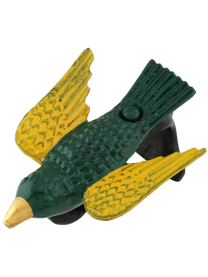 Cast Iron Painted-Bird Picture Rail Hook in Green/Yellow.