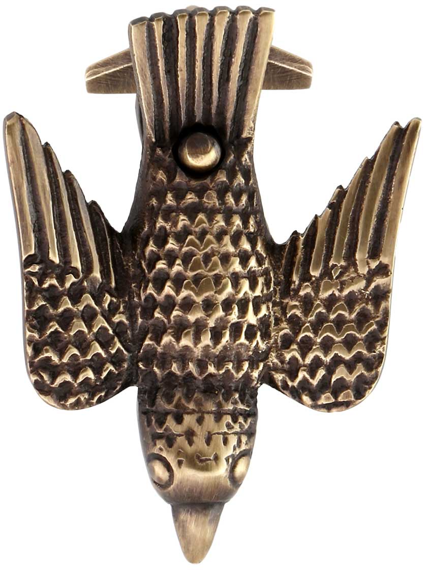 Alternate View of Cast-Brass Bird Picture Rail Hook in Antique-By-Hand.