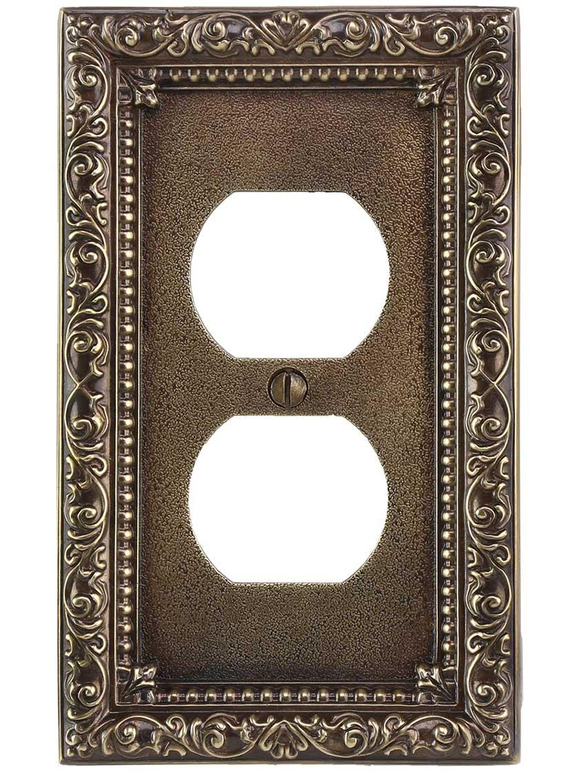 Alternate View of Floral Victorian Duplex Outlet Cover Plate in Antique-By-Hand.