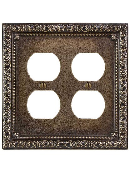 Alternate View of Floral Victorian Double Gang Duplex Outlet Cover Plate in Antique-By-Hand.