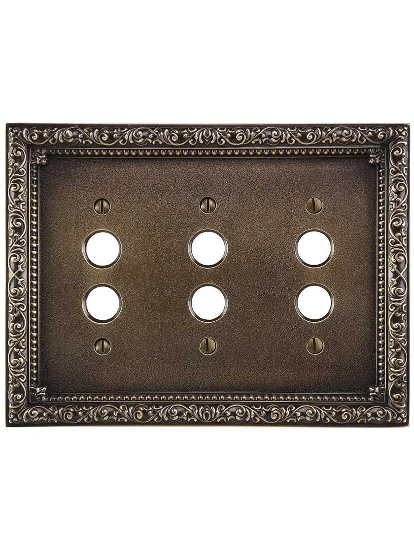 Alternate View of Floral Victorian Triple Gang Push-Button Switch Plate in Antique-By-Hand.