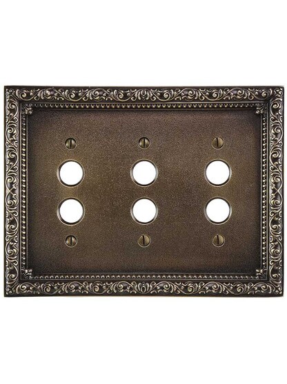 Alternate View of Floral Victorian Triple Gang Push-Button Switch Plate in Antique-By-Hand.