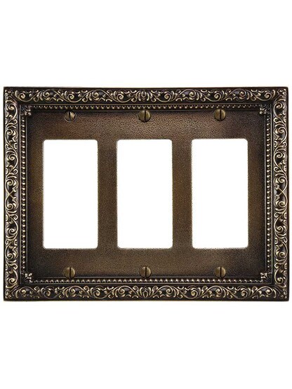 Alternate View of Floral Victorian Triple Gang GFI Cover Plate in Antique-By-Hand.