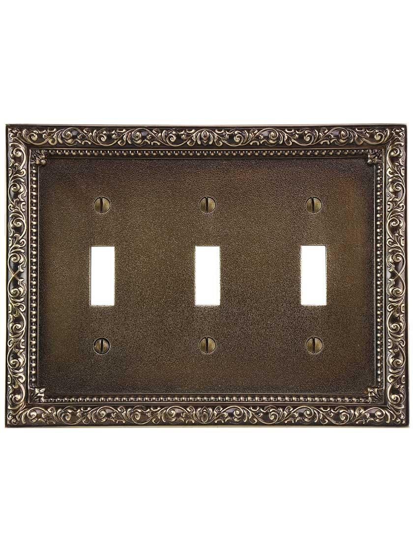 Alternate View of Floral Victorian Triple Gang Toggle Switch Plate in Antique-By-Hand.