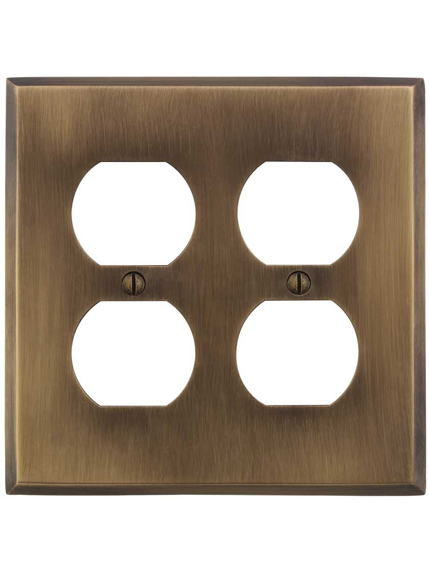 Alternate View of Traditional Forged Brass Double Gang Duplex Cover Plate in Antique-by-Hand.