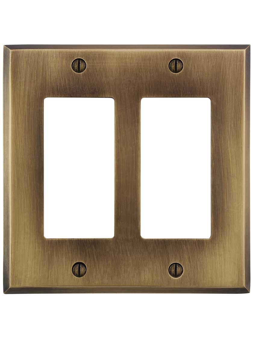 Alternate View of Traditional Forged Brass Double Gang GFI Cover Plate in Antique-by-Hand.